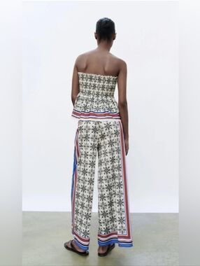 Zara Cream Wide-Leg Pants with Navy Floral & Blue Stripe